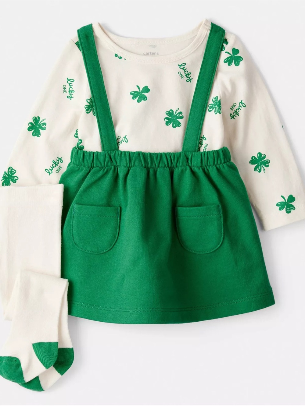Carter's Green Suspender Skirt Set with Cream Shamrock Top - 3M
